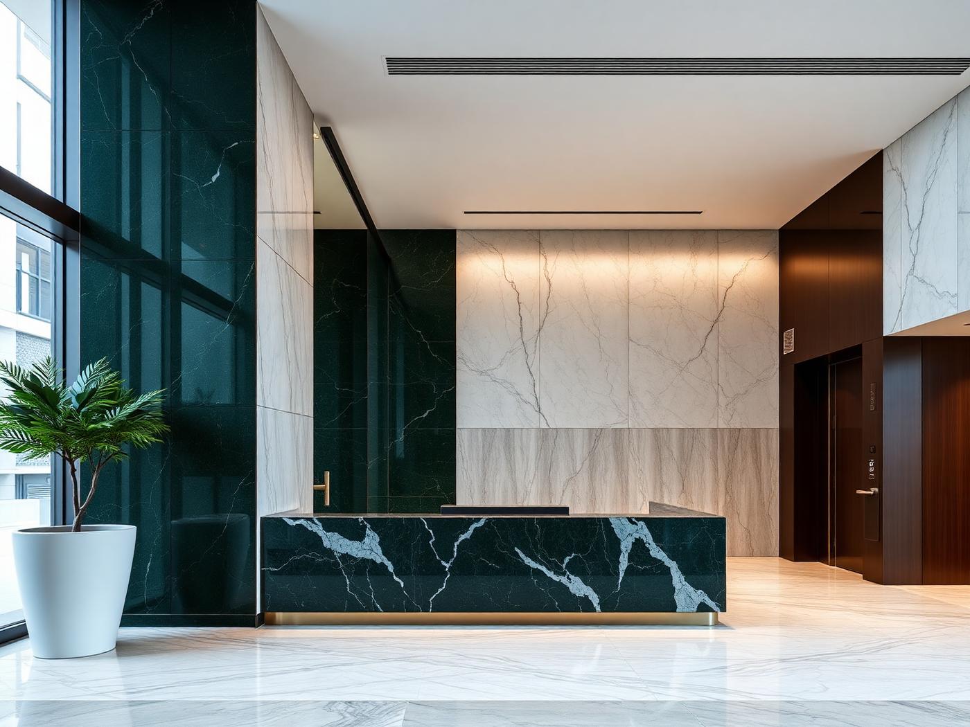 Marble commercial lobby with a deep green stone reception desk