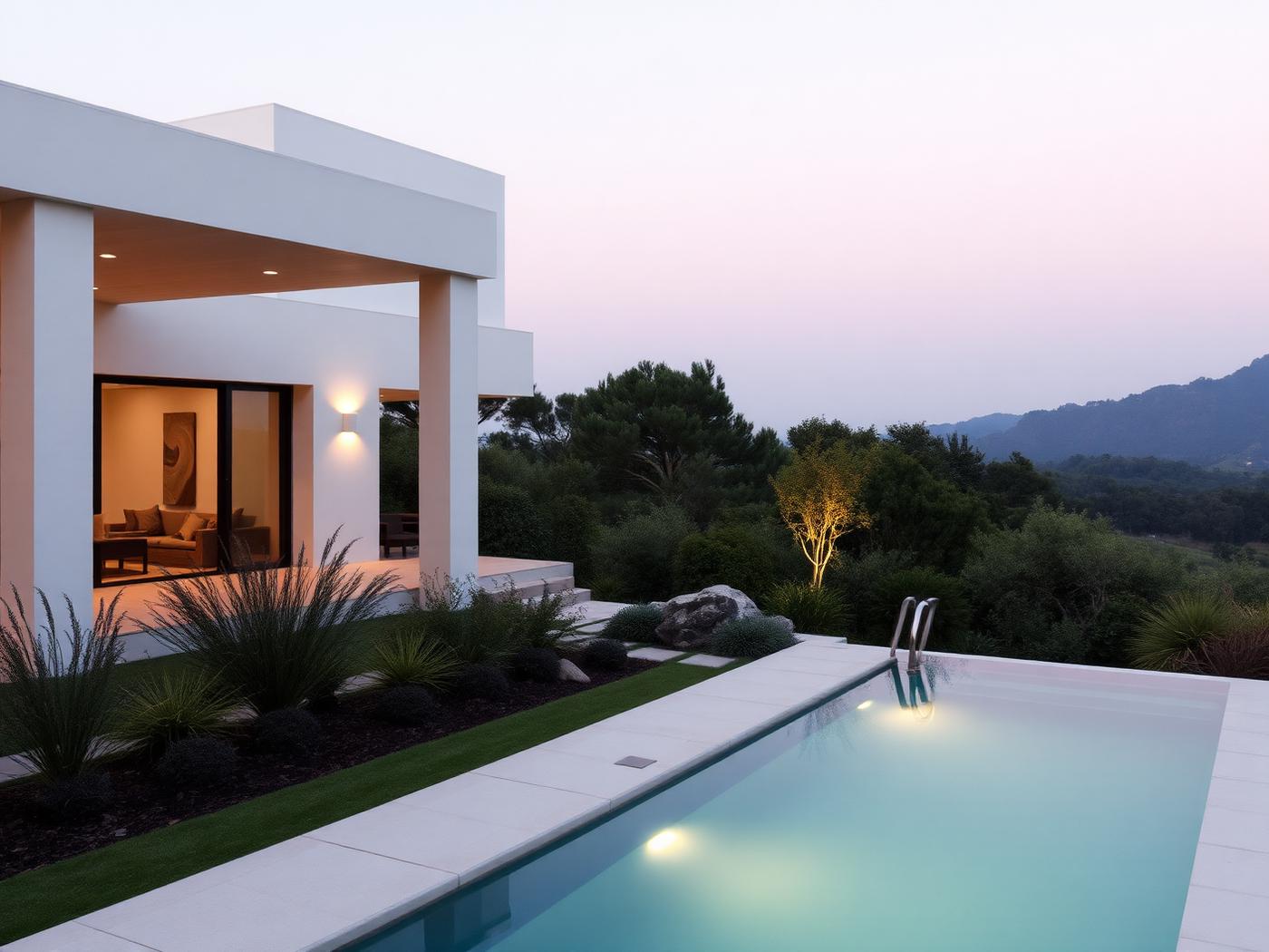 Villa terrace and long swimming pool beside a landscaped garden at dawn