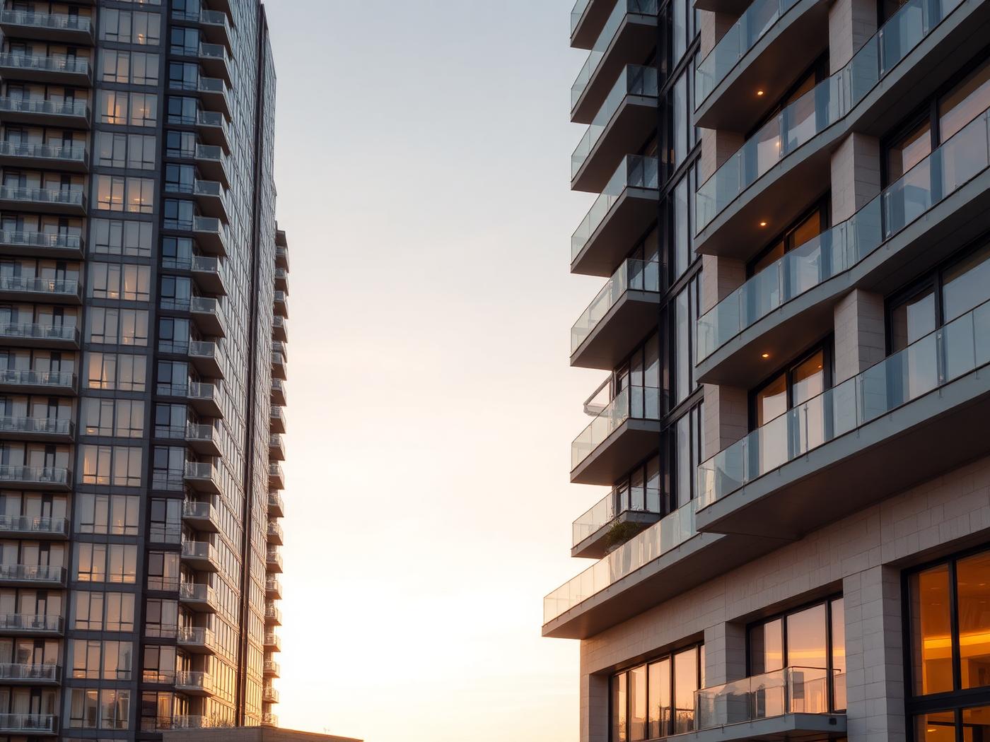 Modern residential tower facade lit at golden hour
