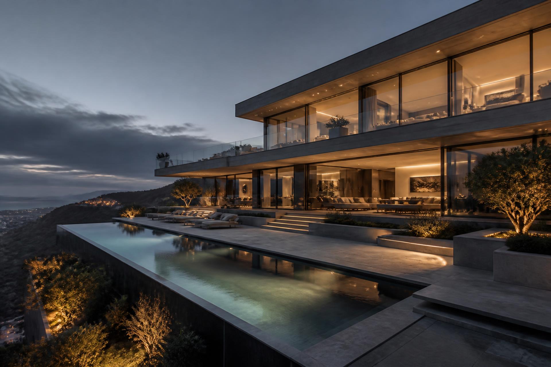 Contemporary hillside villa with infinity pool illuminated at dusk