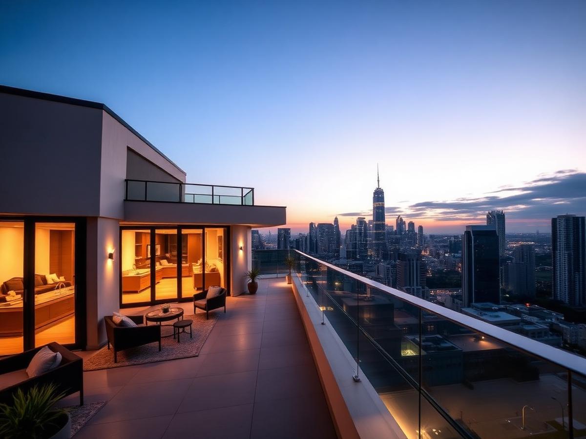 Penthouse terrace overlooking a city skyline at dusk
