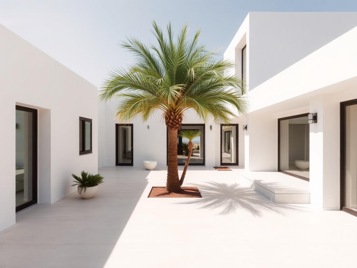Minimalist white villa with a palm courtyard in daylight
