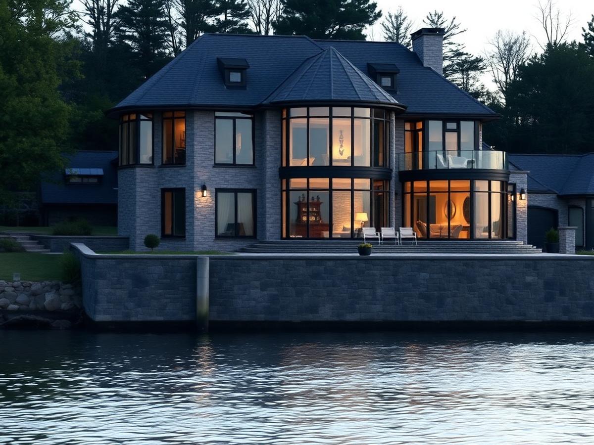Waterfront stone estate with large glass windows at dawn